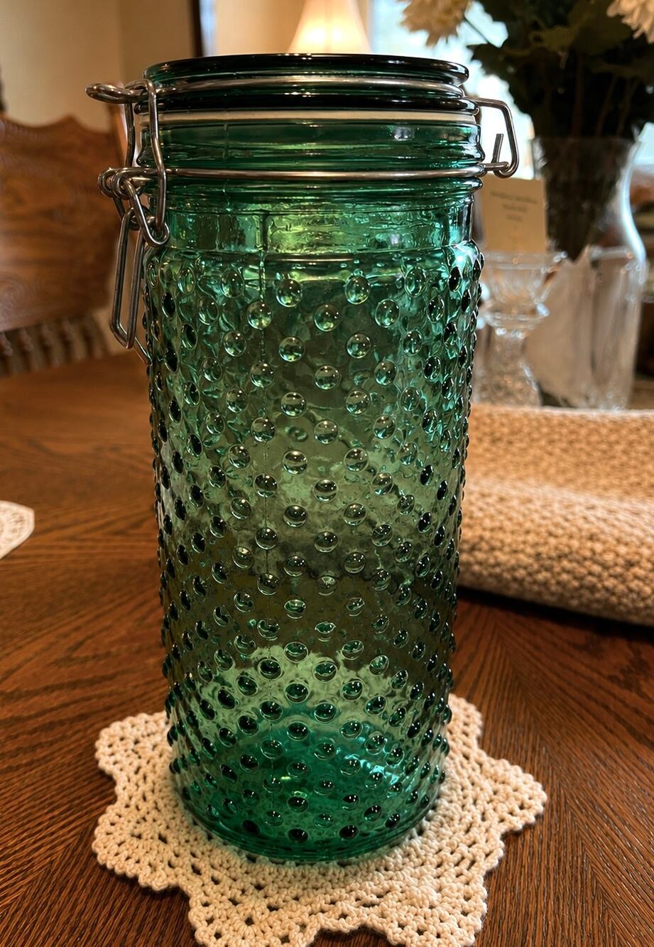 Teal/Green Hobnail Jar with Lid and Seal